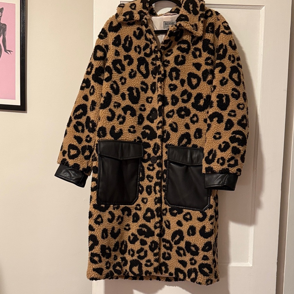 Leopard Teddy Coat with Black Faux Leather Accents
